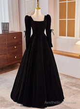 Black Velvet Long Sleeve Square Prom Dress